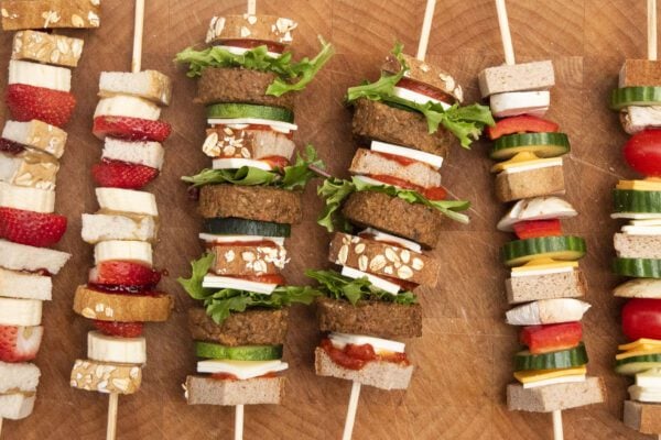 Healthy skewers with bread, fruits, and vegetables